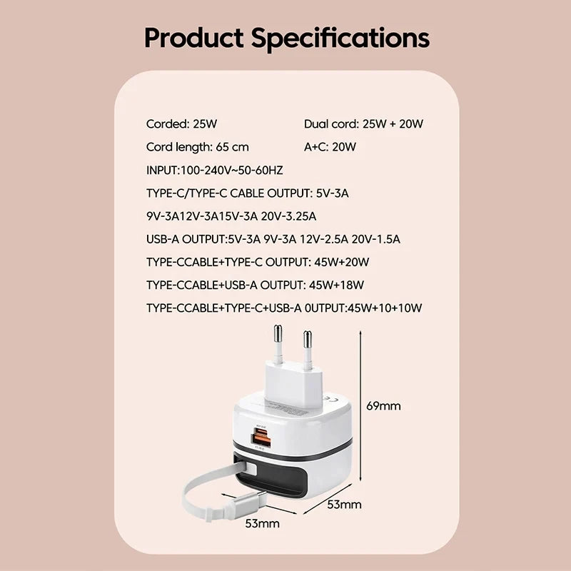65W Fast Charger with Retractable Cable